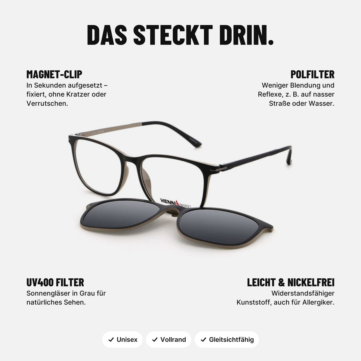 Vienna Design Brille mit Clip UN818-01 schwarz matt grau